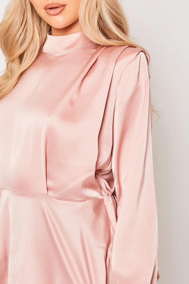Abigayle - Pink Satin High Neck Peplum Top