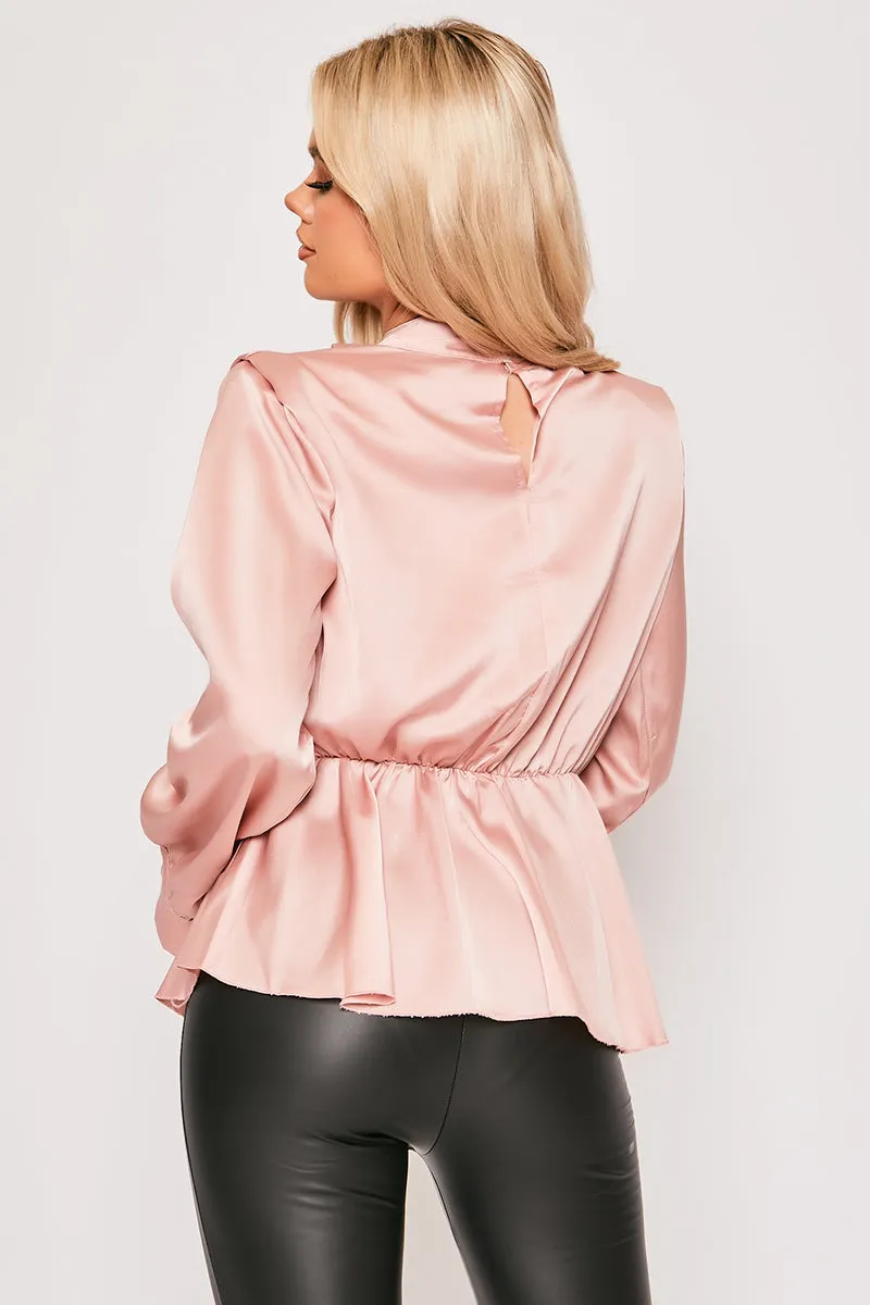 Abigayle - Pink Satin High Neck Peplum Top