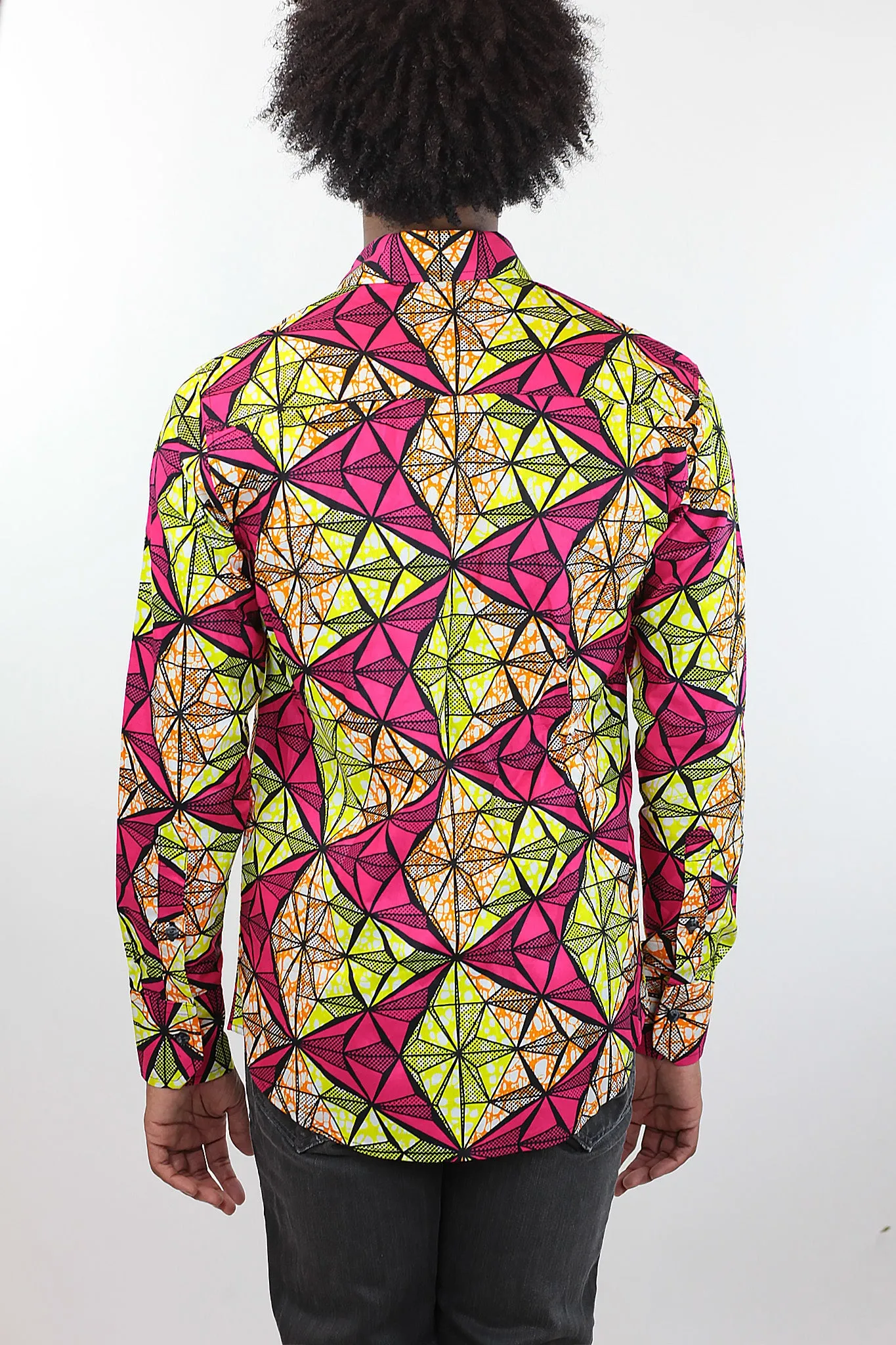 African Print Mens Shirt Button-Up Triangle Shirt Pink and Yellow