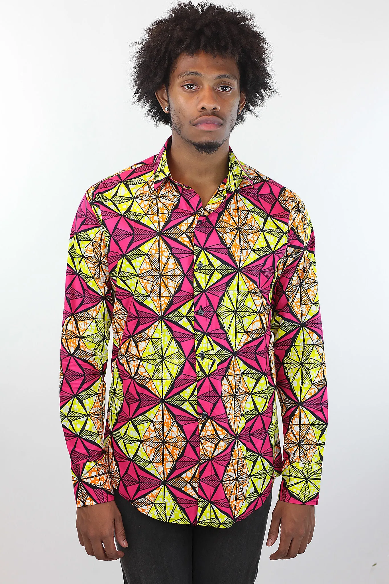 African Print Mens Shirt Button-Up Triangle Shirt Pink and Yellow