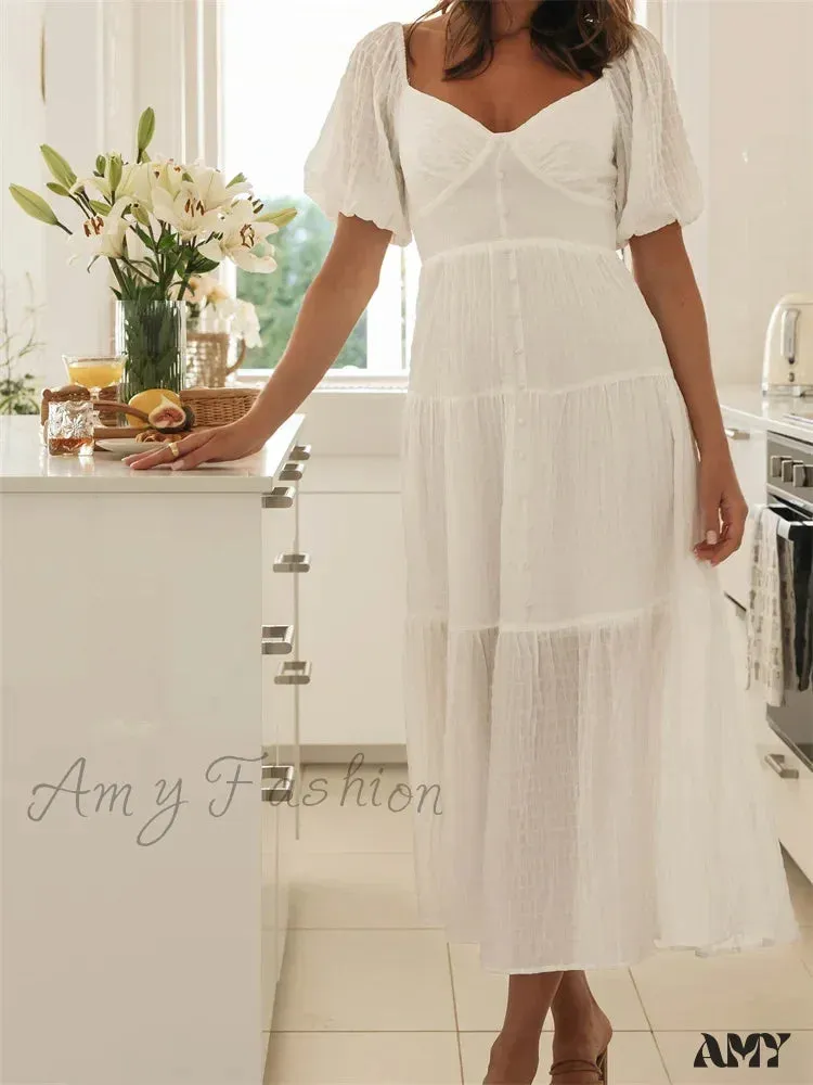 Amy Fashion - Elegant Women  A-Line Short Puff Sleeve V Neck Back Tie-up Knotted  Summer Party Female Vestidos