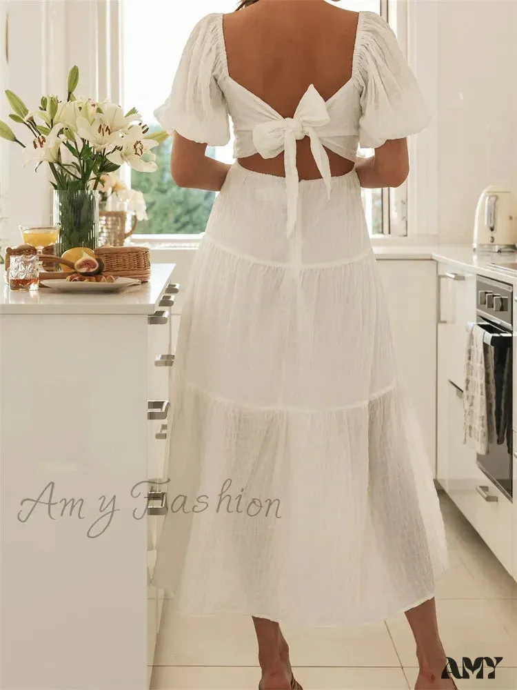 Amy Fashion - Elegant Women  A-Line Short Puff Sleeve V Neck Back Tie-up Knotted  Summer Party Female Vestidos