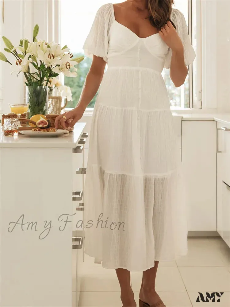 Amy Fashion - Elegant Women  A-Line Short Puff Sleeve V Neck Back Tie-up Knotted  Summer Party Female Vestidos