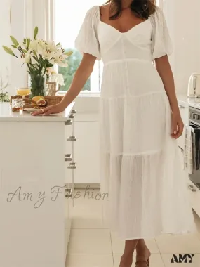 Amy Fashion - Elegant Women  A-Line Short Puff Sleeve V Neck Back Tie-up Knotted  Summer Party Female Vestidos