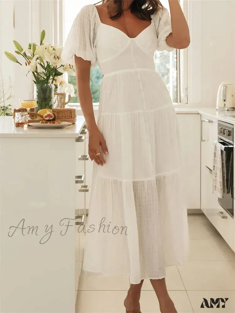 Amy Fashion - Elegant Women  A-Line Short Puff Sleeve V Neck Back Tie-up Knotted  Summer Party Female Vestidos