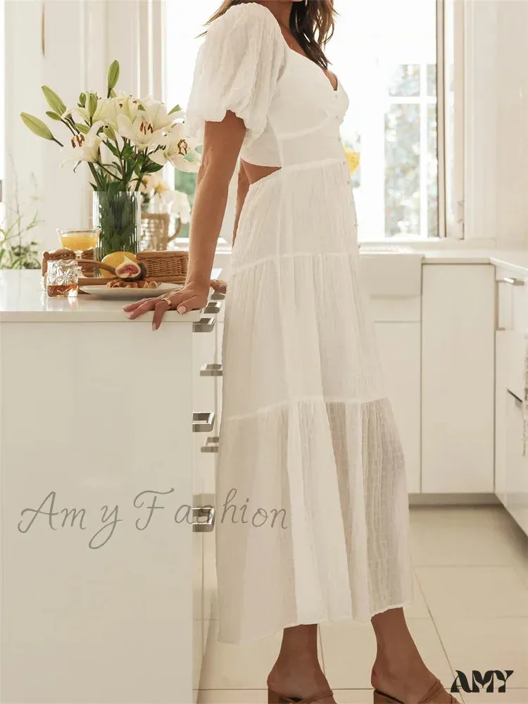 Amy Fashion - Elegant Women  A-Line Short Puff Sleeve V Neck Back Tie-up Knotted  Summer Party Female Vestidos