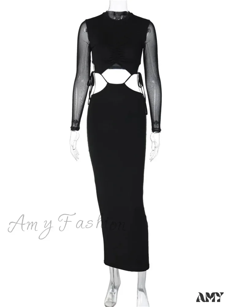 Amy Fashion - Elegant Women Mesh See Through  Sleeve O-Neck Waist Hollow Out Tie-up Cocktail Spring Autumn Vestidos