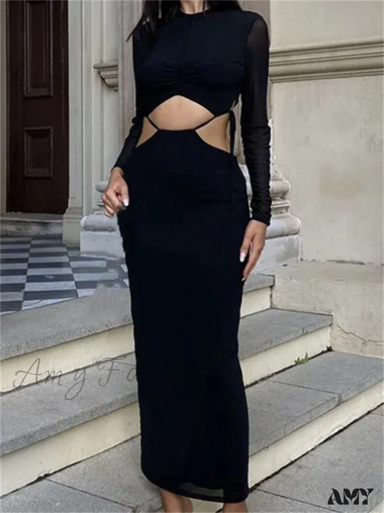 Amy Fashion - Elegant Women Mesh See Through  Sleeve O-Neck Waist Hollow Out Tie-up Cocktail Spring Autumn Vestidos