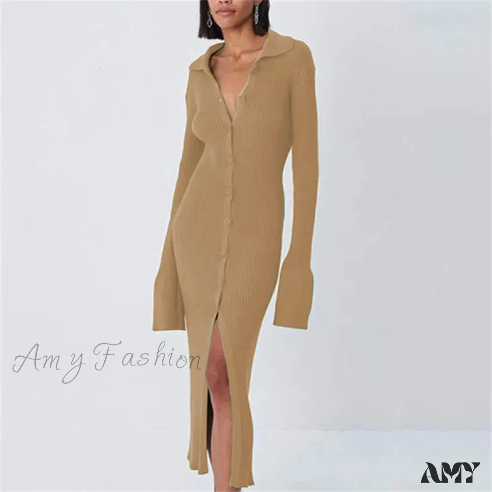 Amy Fashion - Sexy Knitted Cardigan Women  Female Fashion Slim Solid Autumn Winter  Flare Sleeve Female Vestidos