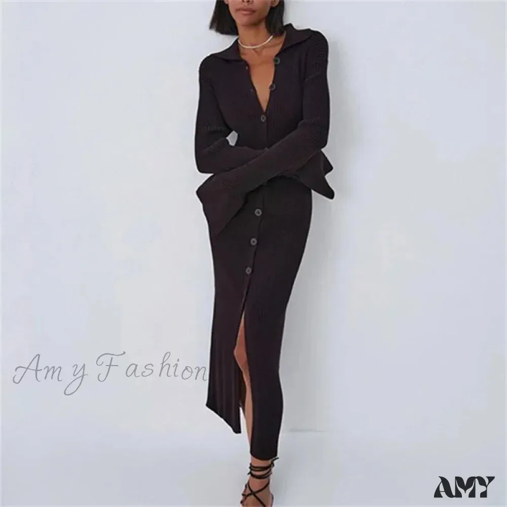 Amy Fashion - Sexy Knitted Cardigan Women  Female Fashion Slim Solid Autumn Winter  Flare Sleeve Female Vestidos