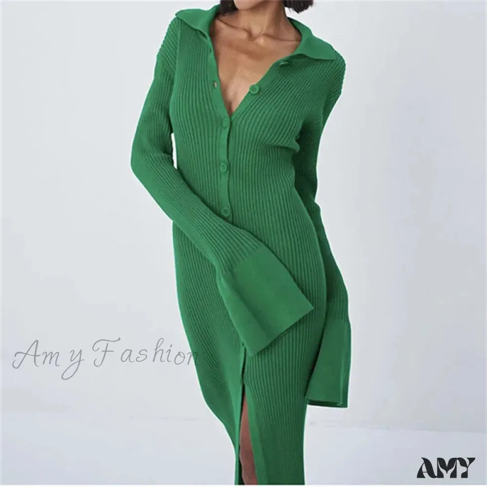 Amy Fashion - Sexy Knitted Cardigan Women  Female Fashion Slim Solid Autumn Winter  Flare Sleeve Female Vestidos