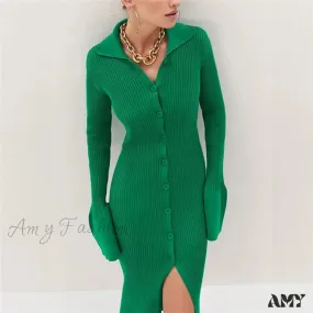 Amy Fashion - Sexy Knitted Cardigan Women  Female Fashion Slim Solid Autumn Winter  Flare Sleeve Female Vestidos