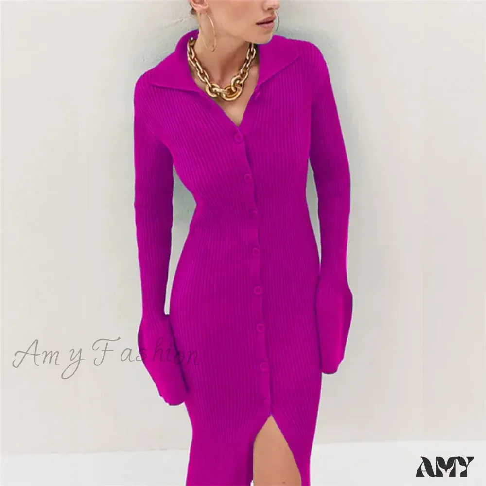 Amy Fashion - Sexy Knitted Cardigan Women  Female Fashion Slim Solid Autumn Winter  Flare Sleeve Female Vestidos