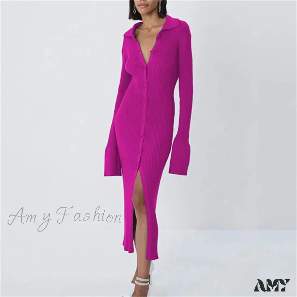 Amy Fashion - Sexy Knitted Cardigan Women  Female Fashion Slim Solid Autumn Winter  Flare Sleeve Female Vestidos