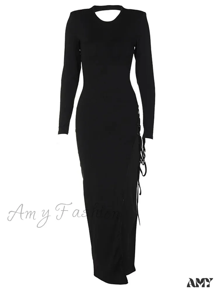 Amy Fashion - Sexy Women Hollow Out Backless  Summer  Sleeve High Split  Tie Up Round Neck Party Vestidos