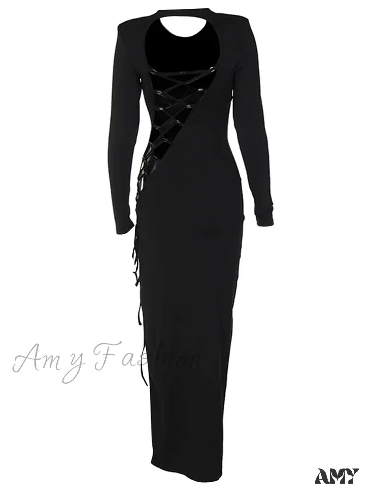 Amy Fashion - Sexy Women Hollow Out Backless  Summer  Sleeve High Split  Tie Up Round Neck Party Vestidos
