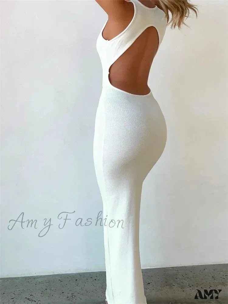 Amy Fashion - Sexy Women Sleeveless Evening  White Backless Hollow Out Summer Party Club Female Vestidos Streetwear