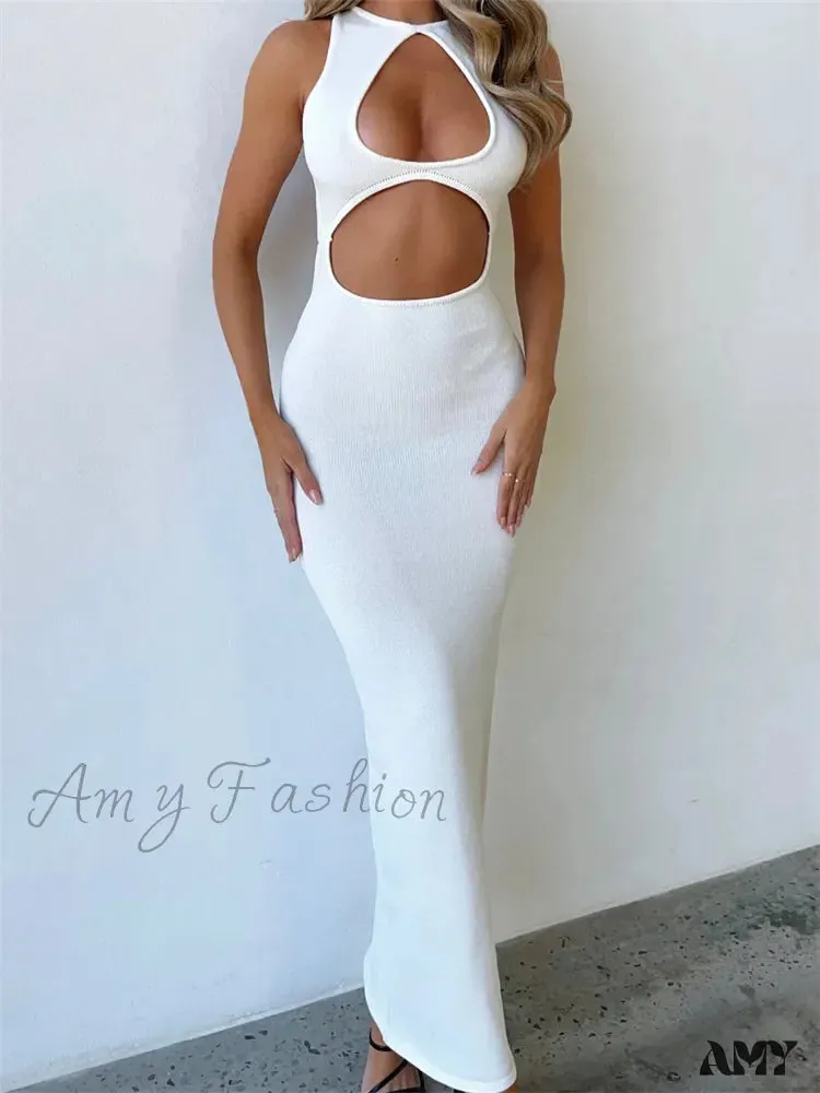 Amy Fashion - Sexy Women Sleeveless Evening  White Backless Hollow Out Summer Party Club Female Vestidos Streetwear