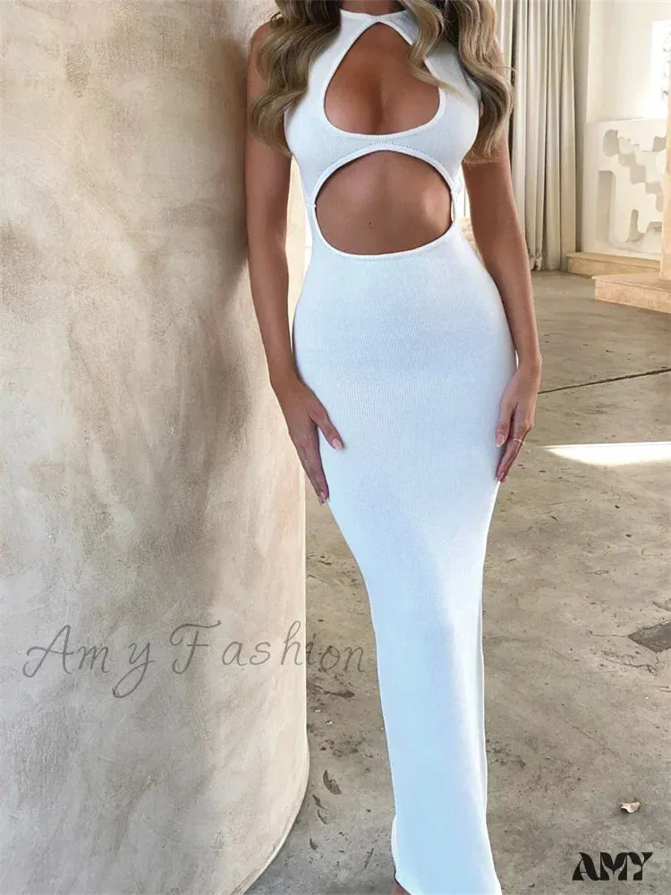 Amy Fashion - Sexy Women Sleeveless Evening  White Backless Hollow Out Summer Party Club Female Vestidos Streetwear