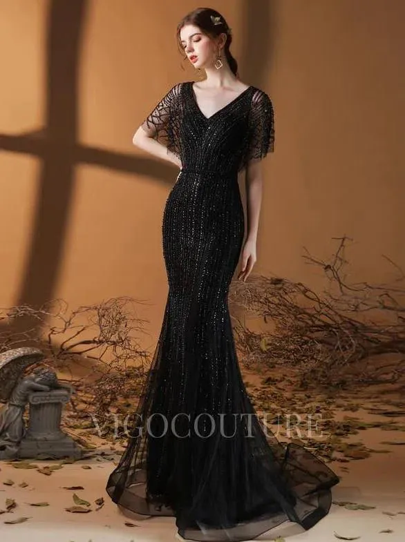 Beaded Mermaid Prom Gown V-neck Short Sleeves Prom Dresses 20262