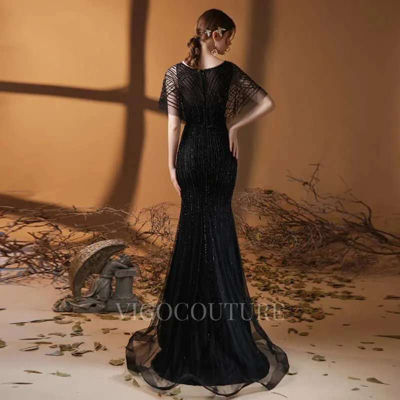 Beaded Mermaid Prom Gown V-neck Short Sleeves Prom Dresses 20262