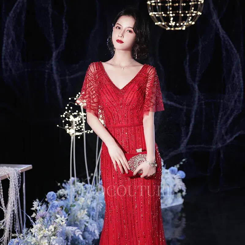 Beaded Mermaid Prom Gown V-neck Short Sleeves Prom Dresses 20262