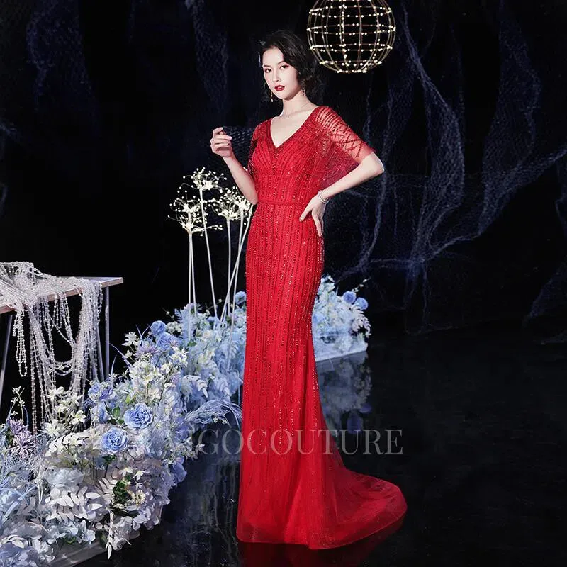 Beaded Mermaid Prom Gown V-neck Short Sleeves Prom Dresses 20262
