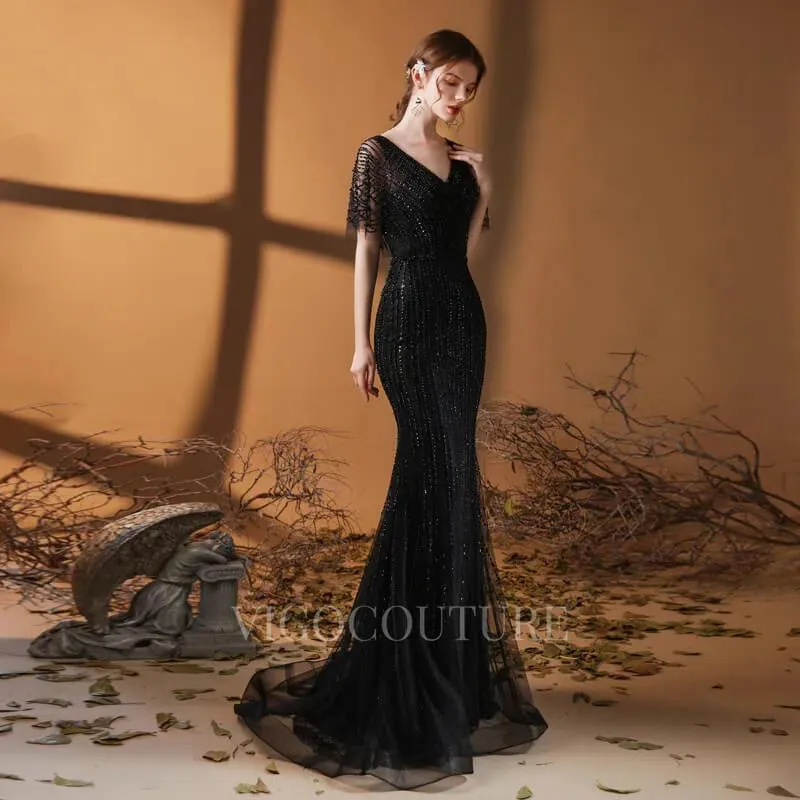 Beaded Mermaid Prom Gown V-neck Short Sleeves Prom Dresses 20262