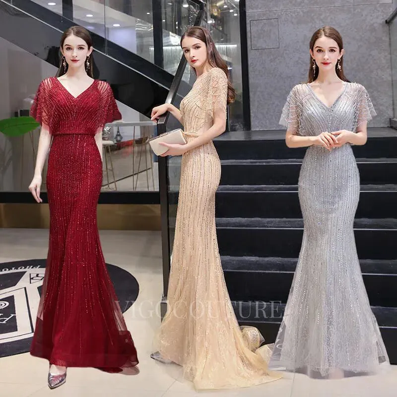 Beaded Mermaid Prom Gown V-neck Short Sleeves Prom Dresses 20262