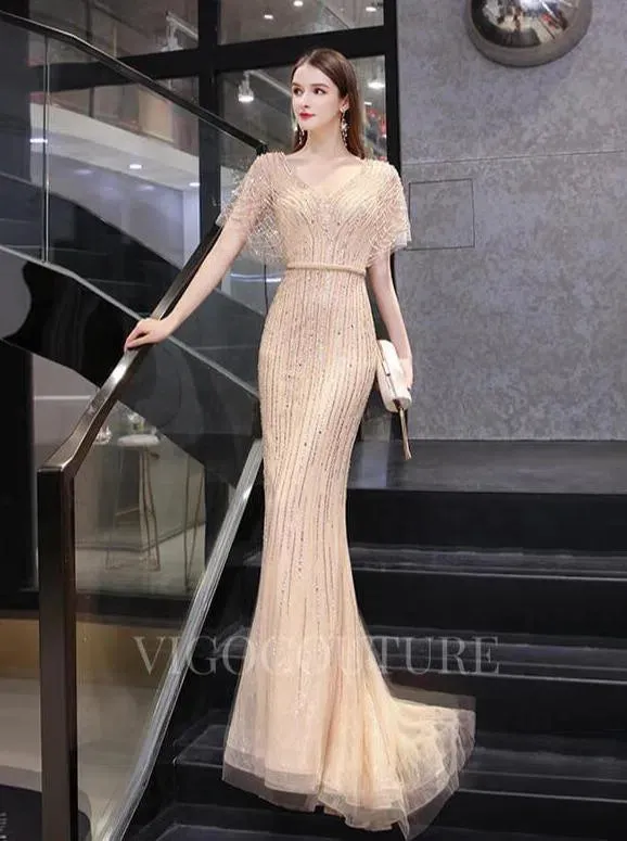 Beaded Mermaid Prom Gown V-neck Short Sleeves Prom Dresses 20262