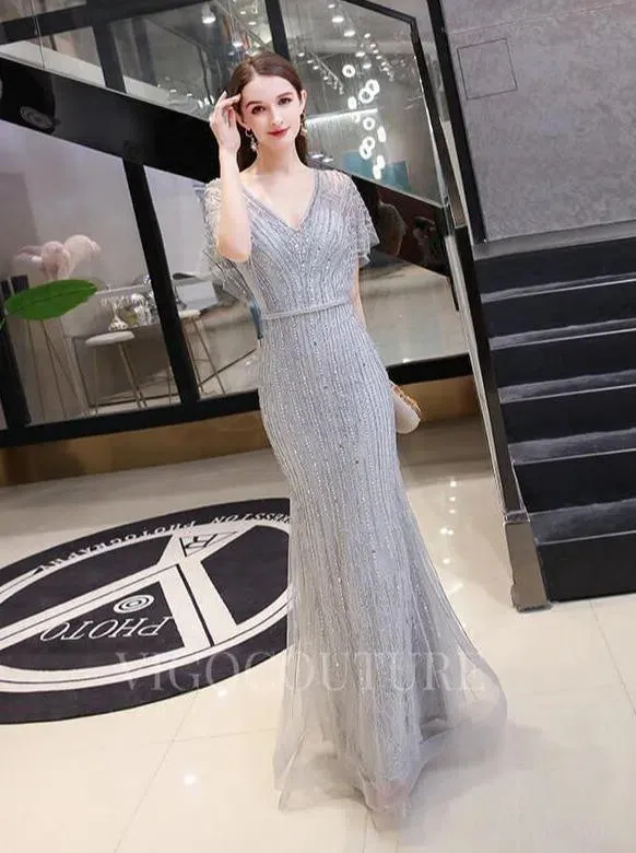 Beaded Mermaid Prom Gown V-neck Short Sleeves Prom Dresses 20262