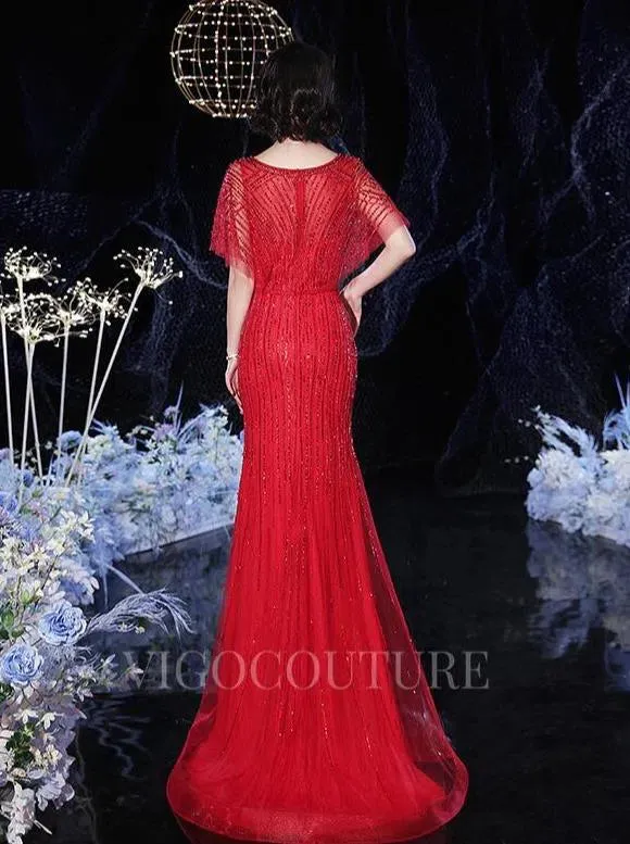Beaded Mermaid Prom Gown V-neck Short Sleeves Prom Dresses 20262