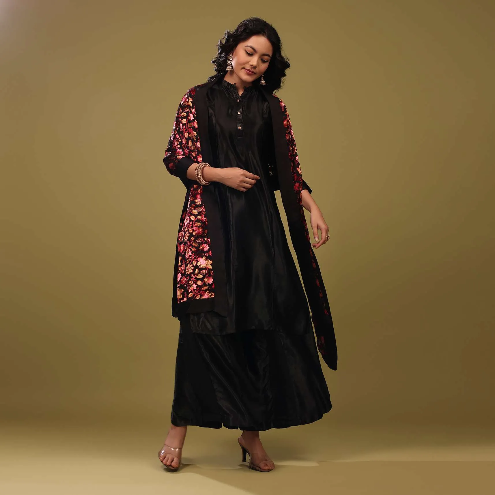 Black Palazzo Suit In Gajji Silk With A Beautiful Velvet Floral Embroidered Dupatta