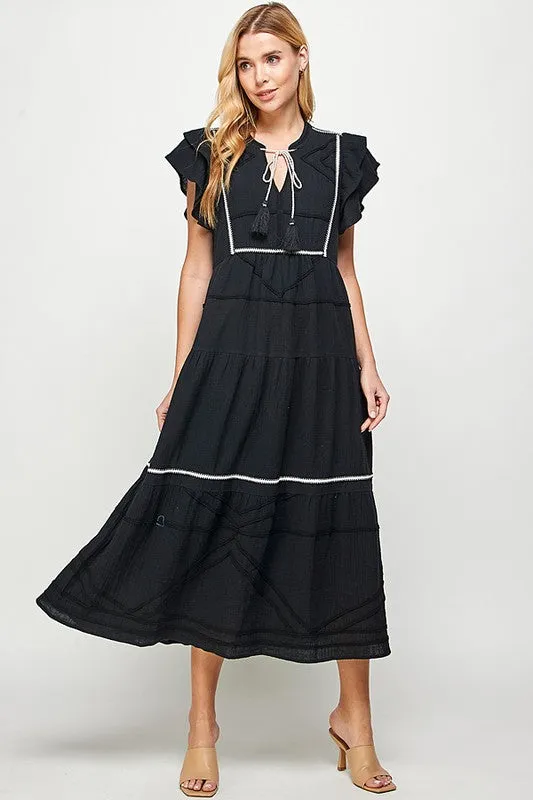 Black Trim Detailed Midi Dress