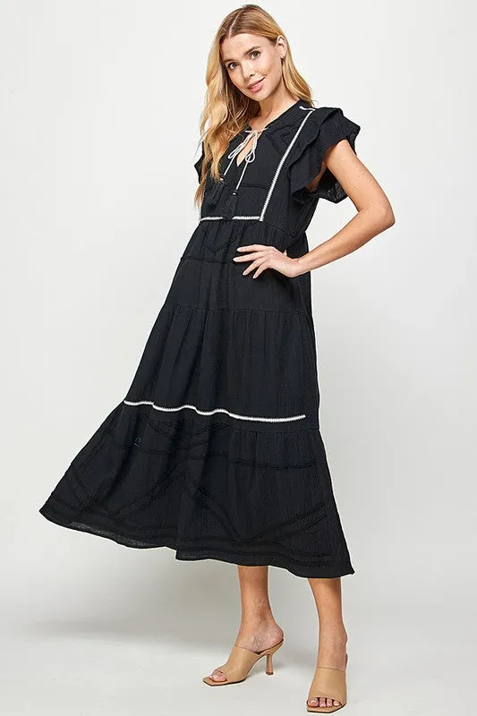 Black Trim Detailed Midi Dress