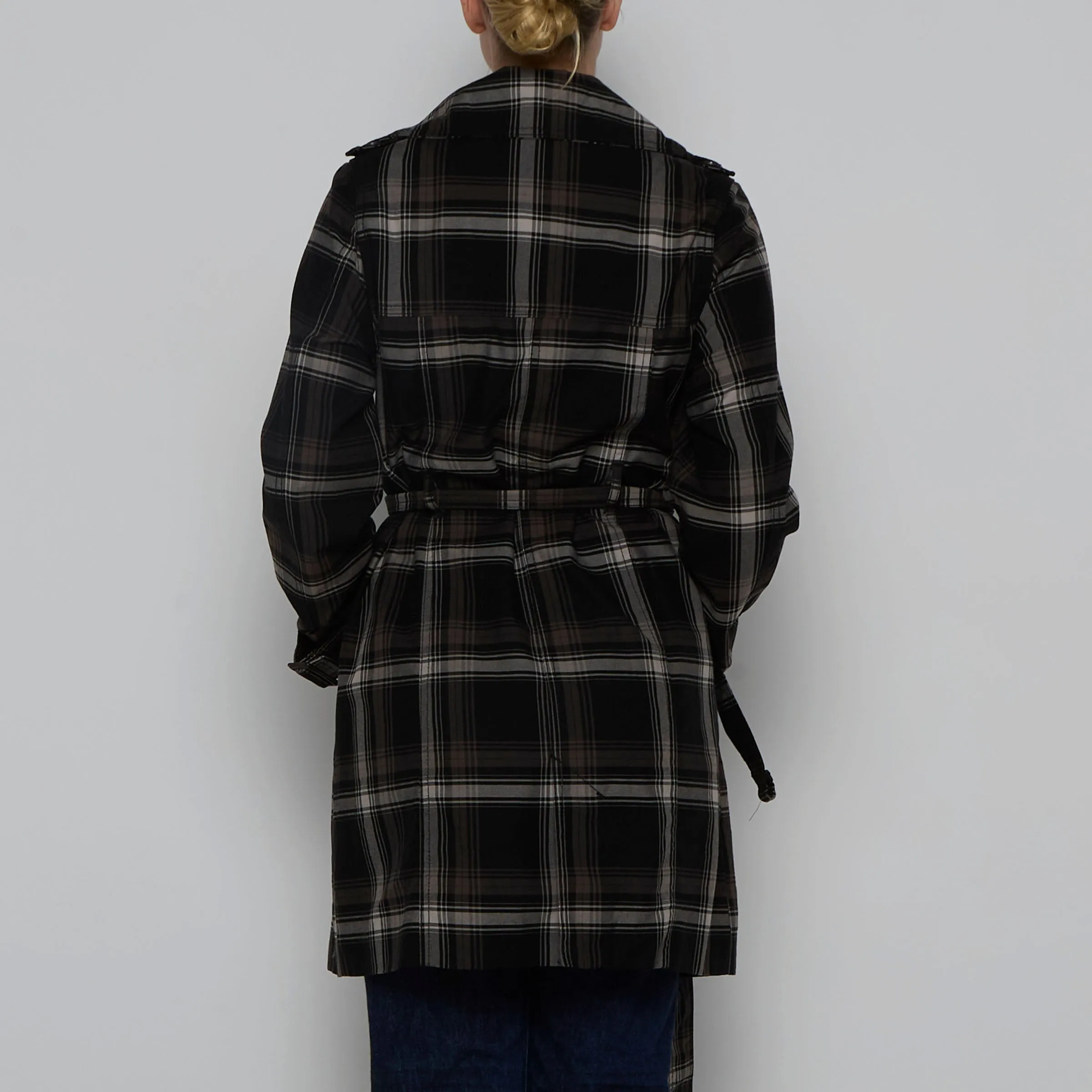 Black Windowpane Check Trench Coat - M