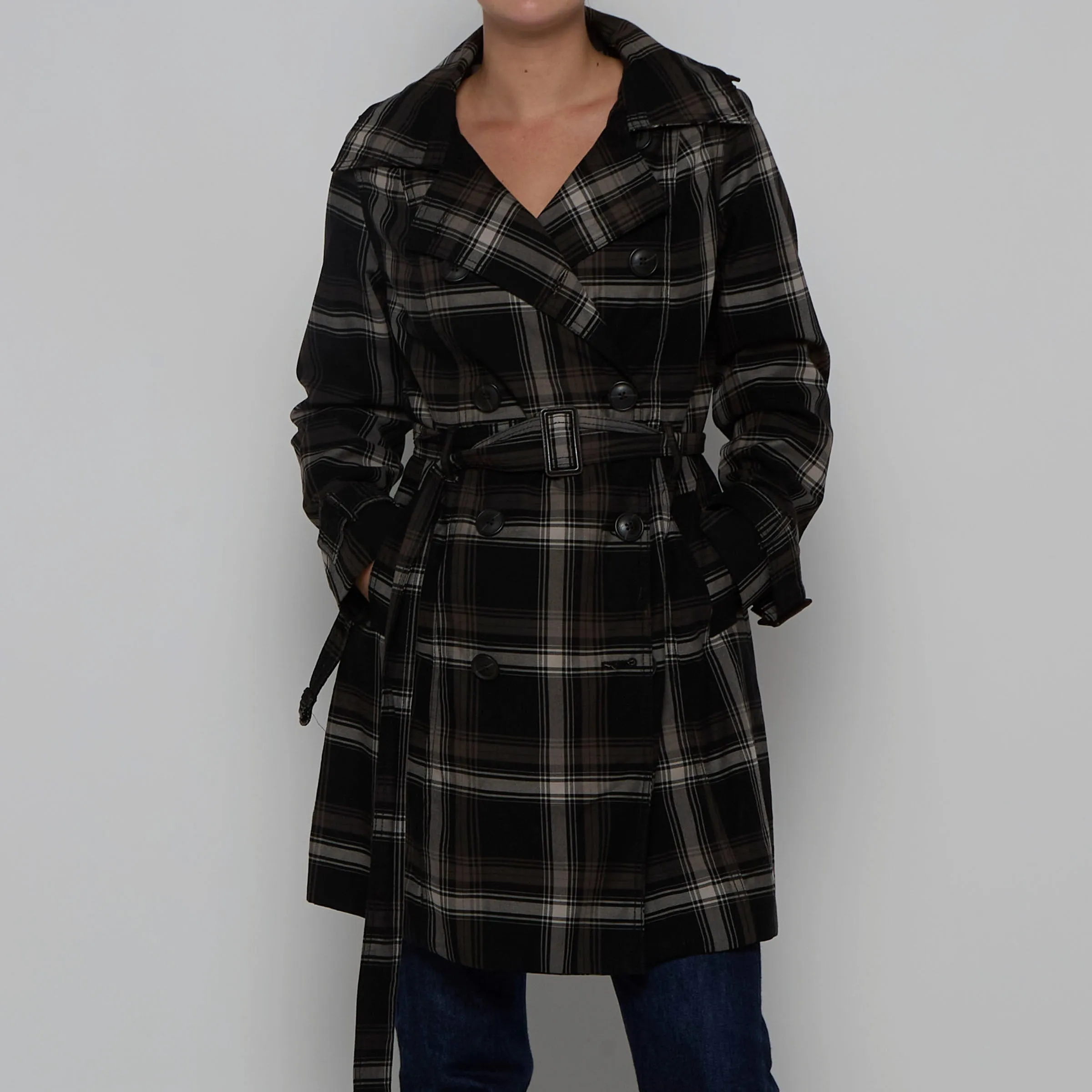 Black Windowpane Check Trench Coat - M