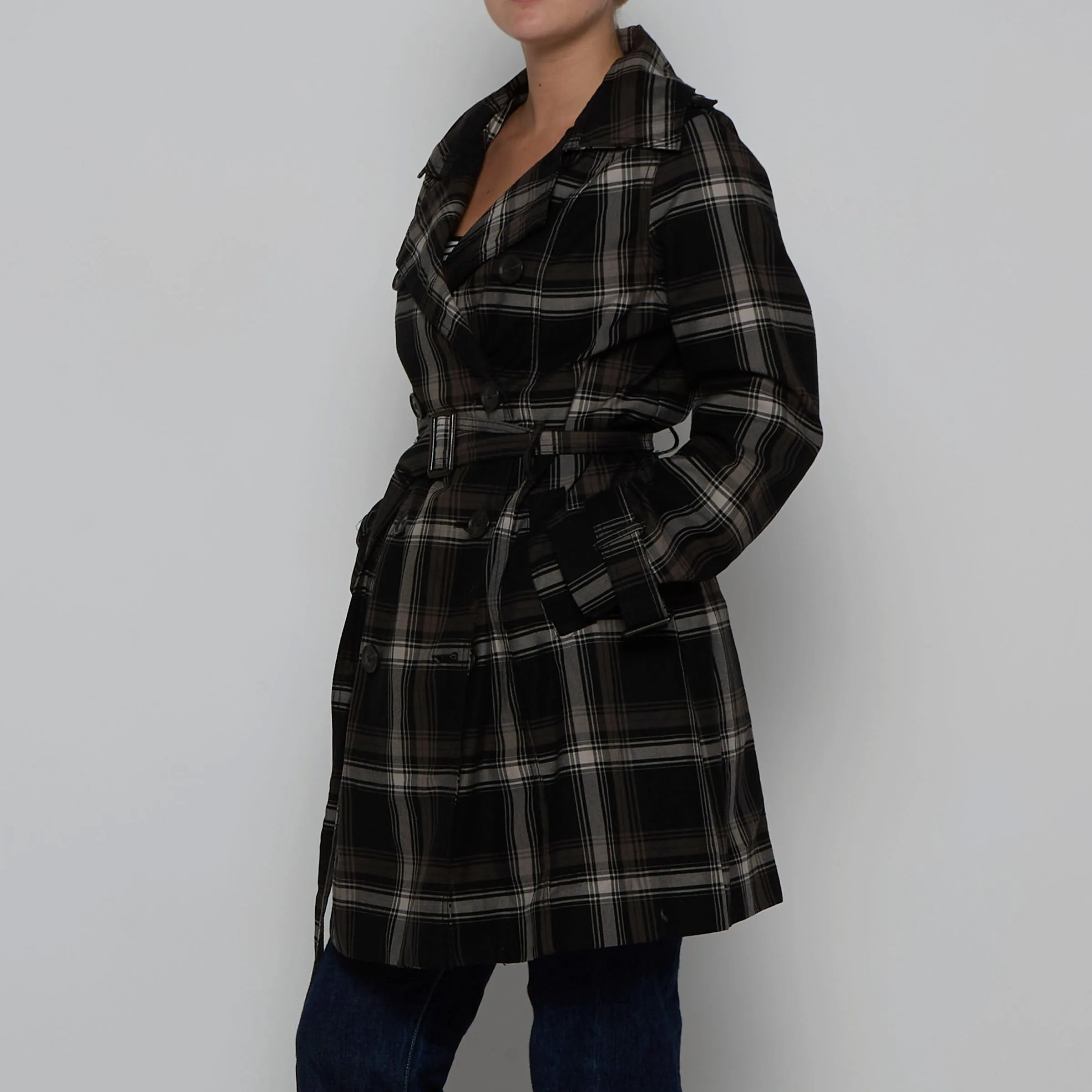 Black Windowpane Check Trench Coat - M