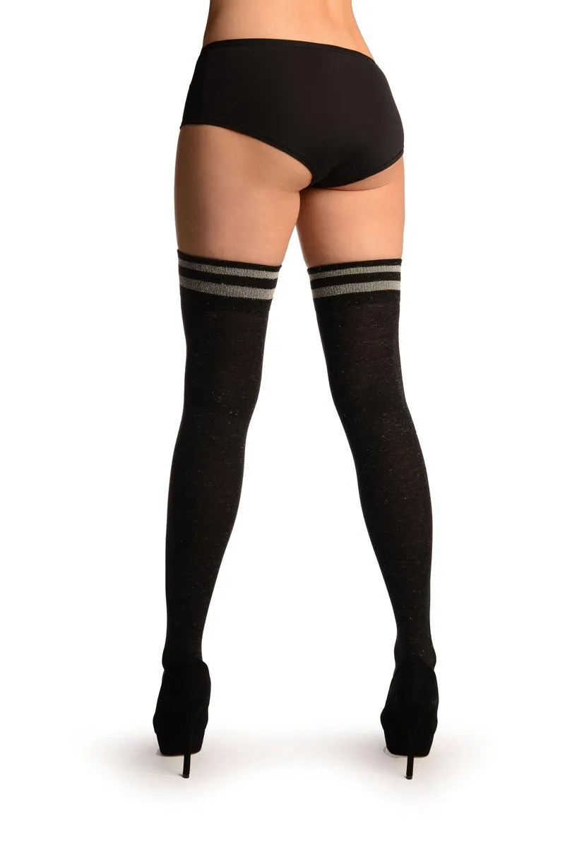 Black With Silver Lurex & Stripes Over The Knee Socks