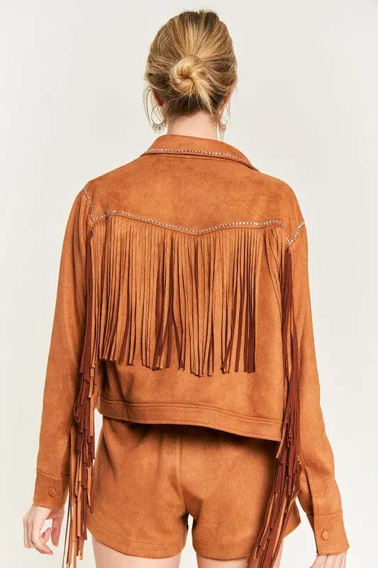 Boho Suede Fringe Jacket with Stud Details and Button Front