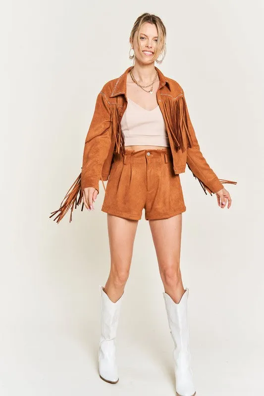 Boho Suede Fringe Jacket with Stud Details and Button Front