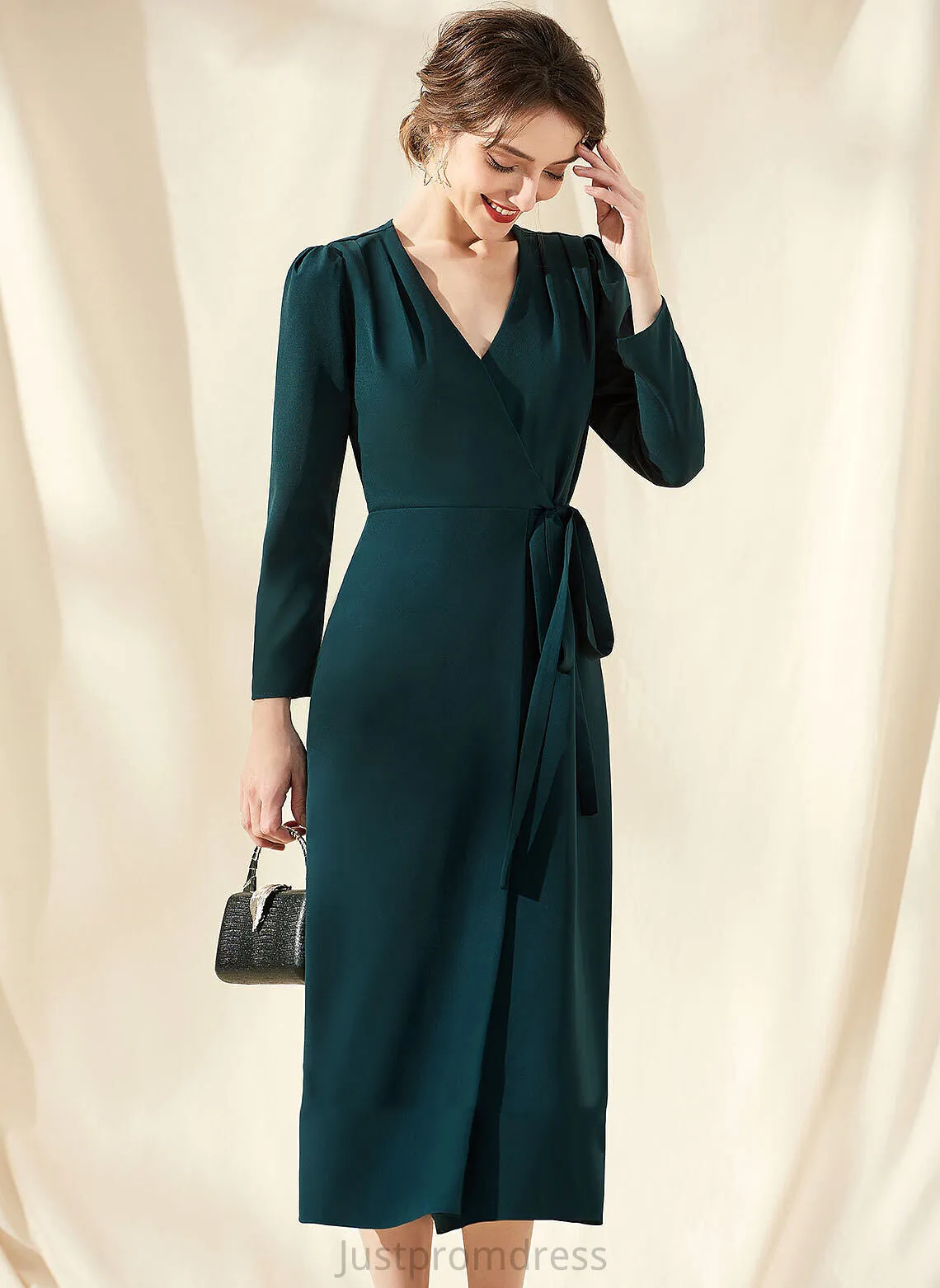 Crepe Tea-Length Aryana Cocktail Stretch Ruffle With V-neck Sheath/Column Cocktail Dresses Dress