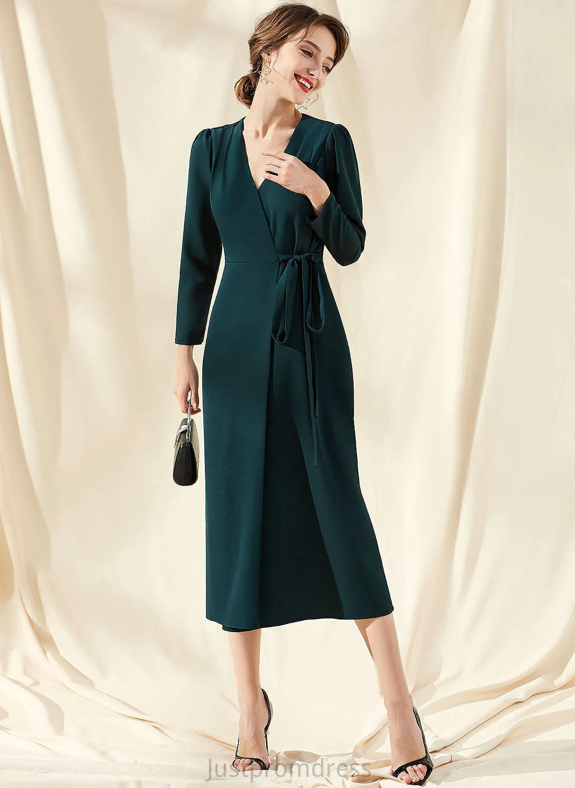 Crepe Tea-Length Aryana Cocktail Stretch Ruffle With V-neck Sheath/Column Cocktail Dresses Dress