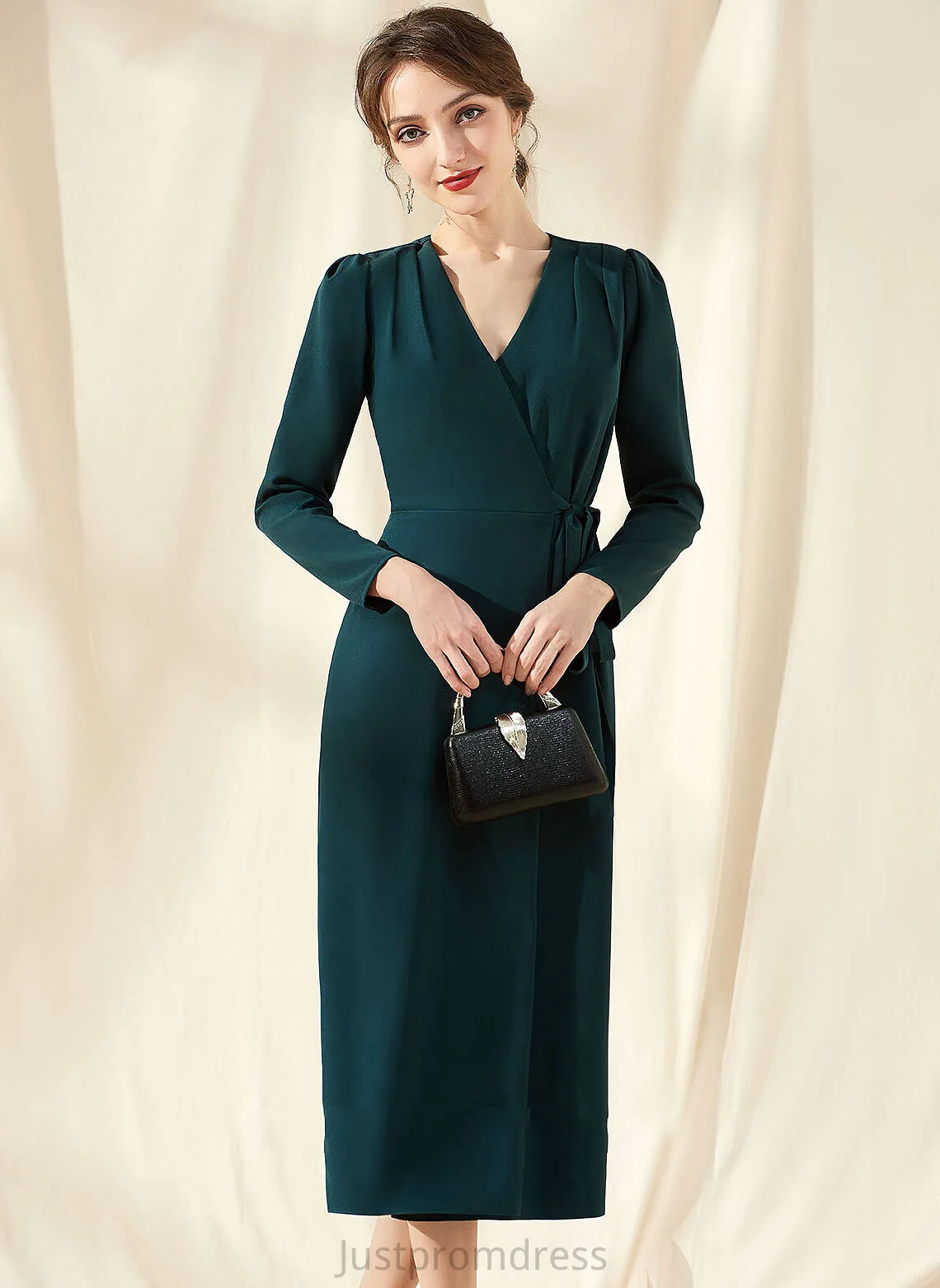 Crepe Tea-Length Aryana Cocktail Stretch Ruffle With V-neck Sheath/Column Cocktail Dresses Dress