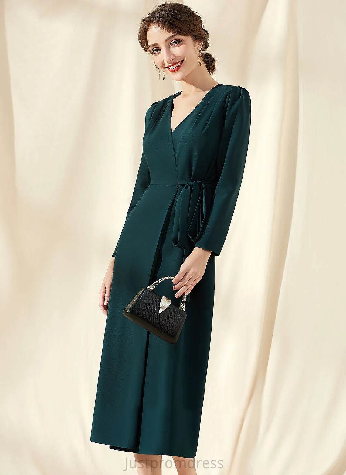 Crepe Tea-Length Aryana Cocktail Stretch Ruffle With V-neck Sheath/Column Cocktail Dresses Dress