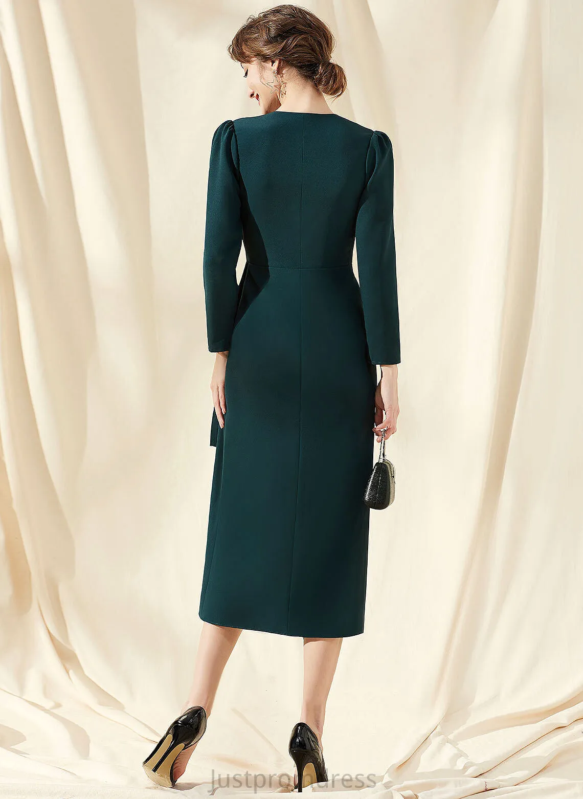 Crepe Tea-Length Aryana Cocktail Stretch Ruffle With V-neck Sheath/Column Cocktail Dresses Dress