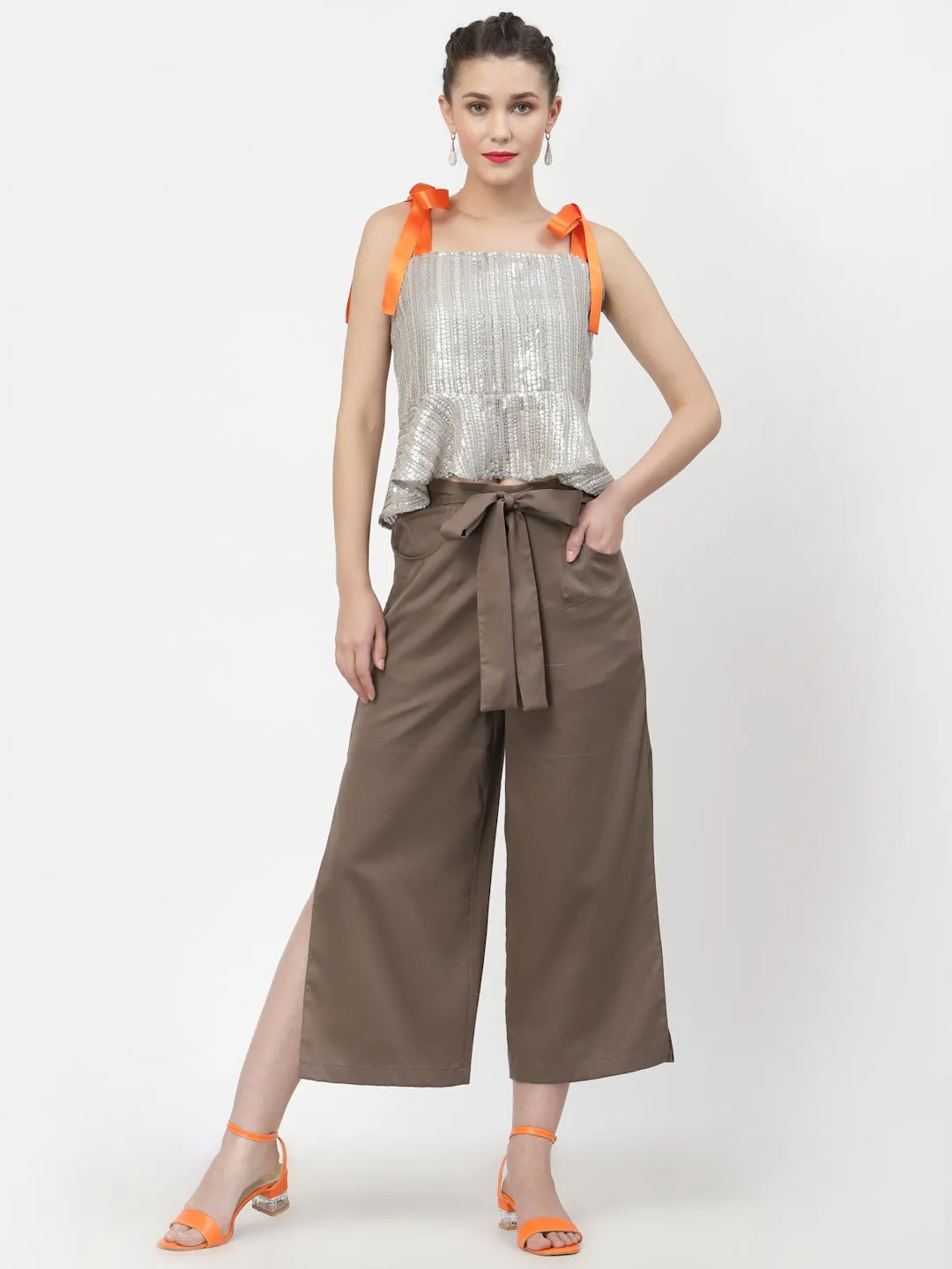 Dark Beige Plazzo With Open Slit