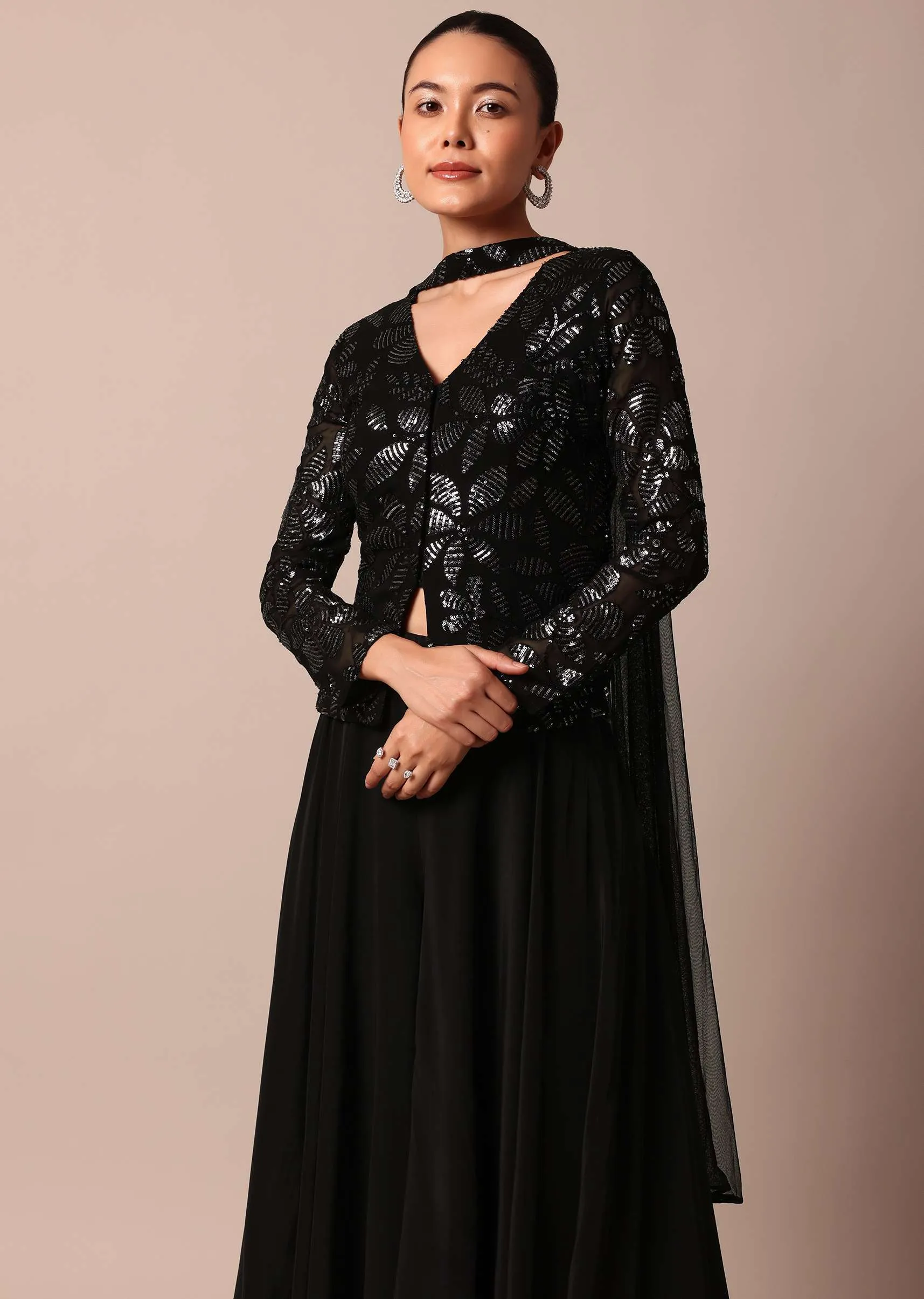 Elegant Black Sequin Palazzo Suit Set