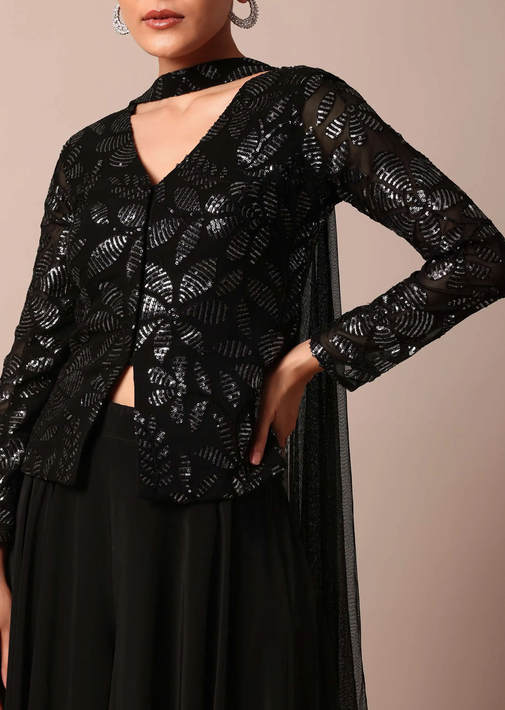Elegant Black Sequin Palazzo Suit Set