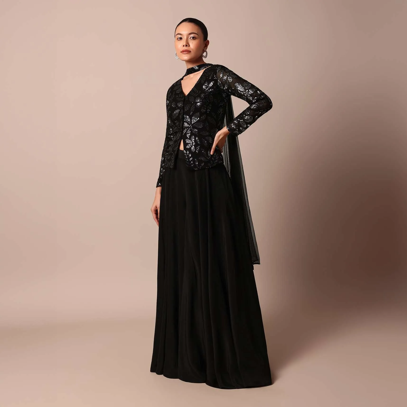 Elegant Black Sequin Palazzo Suit Set